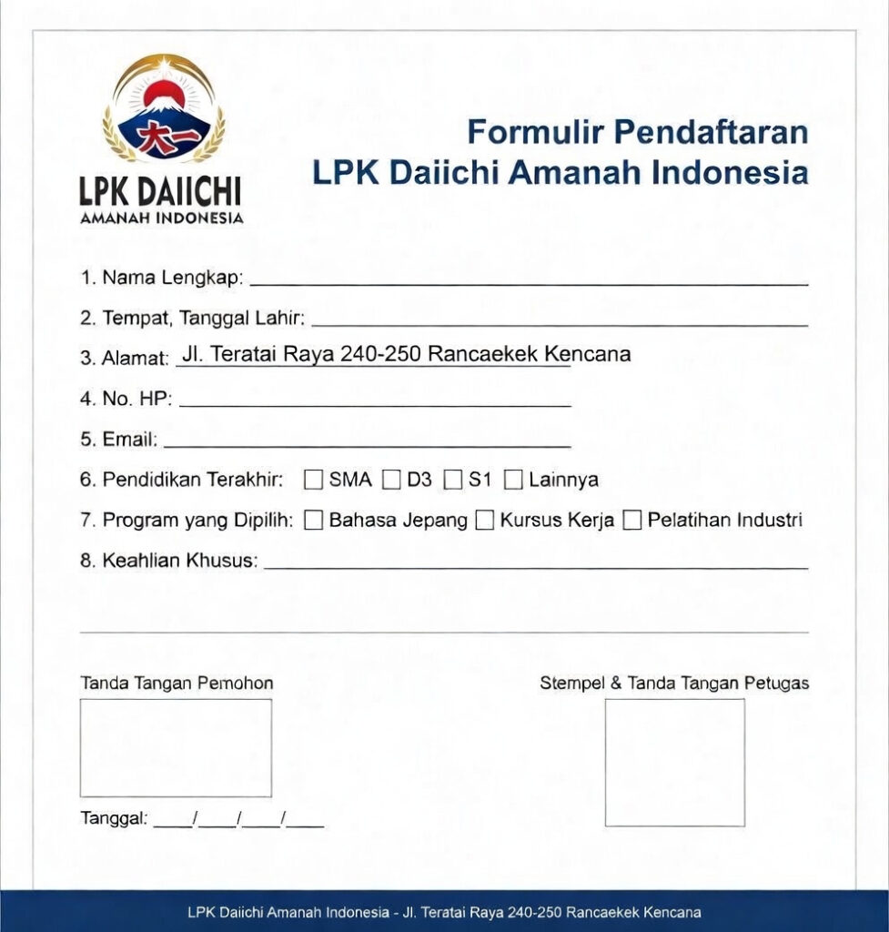 LPK Daiichi Amanah Indonesia Formulir Pendaftaran ke Jepang  2026